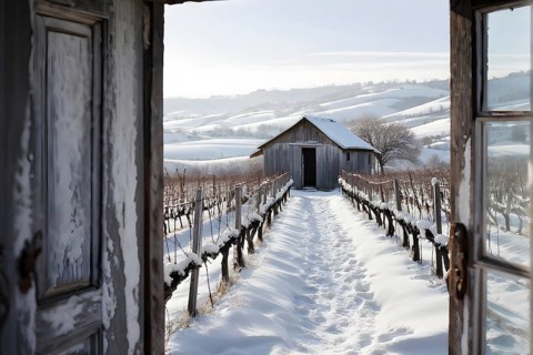 Rustic vineyard cottage in a winter vineyard landscape with snow, AI generated