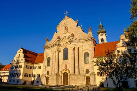 West facade, Zwiefalten Abbey, Zwiefalten Minster, Swabian Alb, Dobel Valley, Upper Swabia, Swabia,