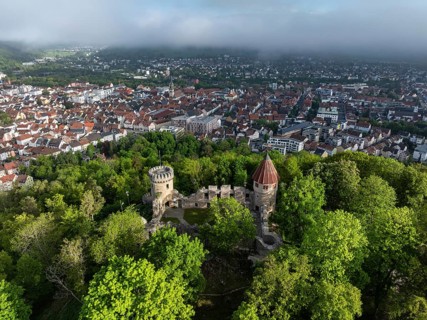 Aerial view of the Honburg castle ruins on the Honberg with the town of Tuttlingen, district of