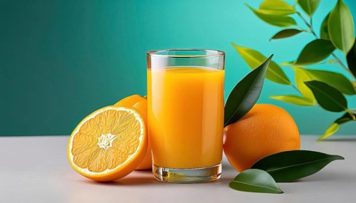 A glass of orange juice, whole and halved oranges, green leaves, in front of a blue-green