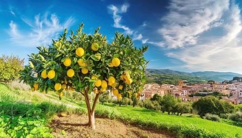 Lemon tree with ripe fruit in a Mediterranean landscape AI generated, AI generated