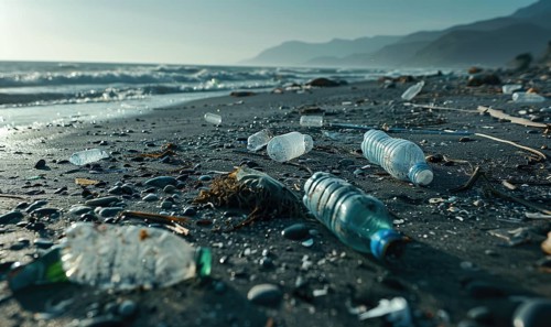 Beach littered with plastic bottles and garbage, ecological problems AI generated