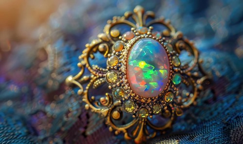 A brooch adorned with an iridescent opal gemstone AI generated