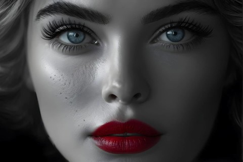 Monochromatic close up fashion portrait with blue eyes and red lips, AI generated