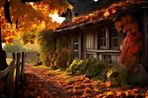 Close up of a rustic vineyard cottage nestled in a canopy of vines leaves showcasing autumns color