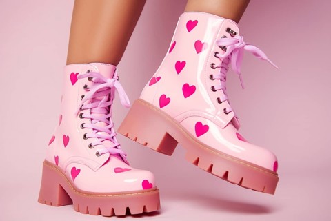Woman's feet in pink boots with hearts. KI generiert, generiert, AI generated