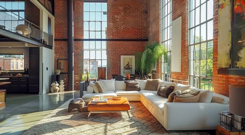 Modern living room in a condo or loft with modern trendy furniture, AI generated