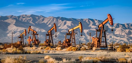 Large oil rig is in the desert. Concept of oil exploration, earth exploitation and corporate greed,