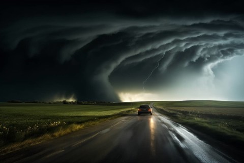 Disaster catastrophe storm concept, tornado in a field in the USA with car on road driving towards