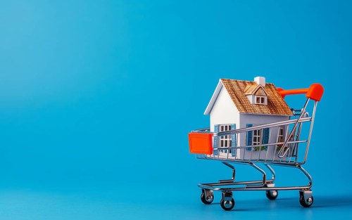 Real estate shopping concept, a house is a shopping cart on blue background, AI generated