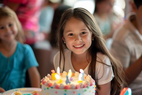 Happy caucasian birthday girl celebrating a party with her friends and a nice birthday cake with