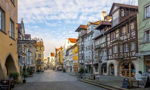 Maximilianstrasse in the old town, traditional houses with Fa Lindau Island, Lake Constance,