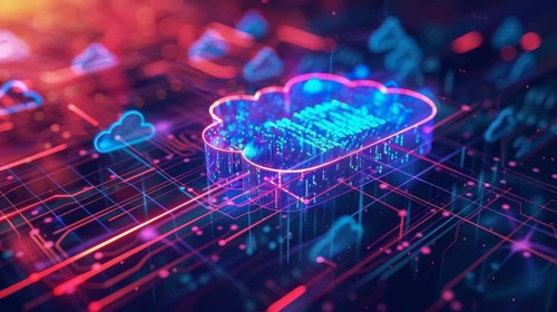 3D cloud symbol glowing with neon lights over a virtual technology landscape, AI generated