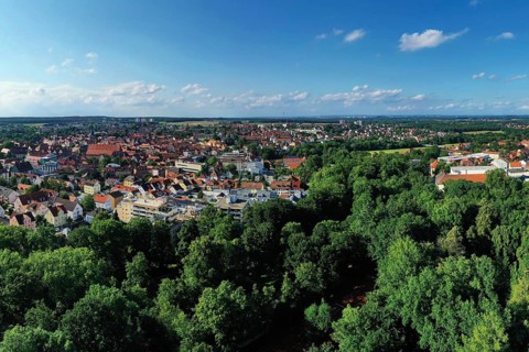 Aerial view of the historic old town of Schwabach with a view of the town church of St John and St