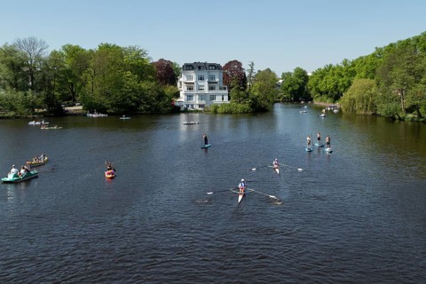 Symbolic picture weather, leisure activity, summery spring, villa at the Krugkoppelbruecke with