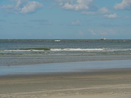 Seascape with a boat in the distance, gentle waves and wide sandy beach, beach and dunes with grass