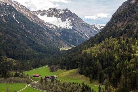 View of the entrance to Gemsteltal, near Mittelberg, behind Elferkopf, Kleinwalsertal, Vorarlberg,
