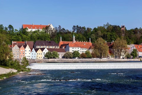 Historic old town centre of Landsberg am Lech, in front of the Lech weir, Upper Bavaria, Bavaria,