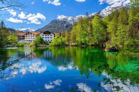 Spring at Lake Badersee with Hotel am Badersee, Zugspitzdorf Grainau, Werdenfelser Land, Bavarian