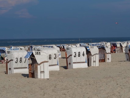 Beach with several numbered beach chairs and sea in the background, dunes and beach at the sea with