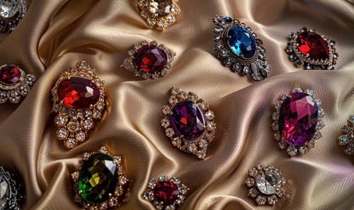 A captivating photograph showcasing a collection of vibrant gemstone brooches arranged on a