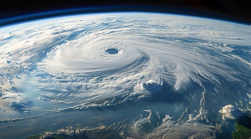 A hurricane is spinning in the ocean. Damage and devastations caused by hurricanes and climate