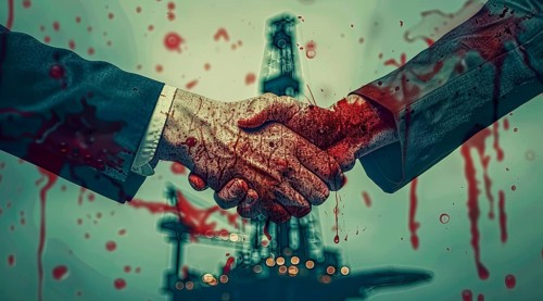 Two men shaking hands with red blood on their hands. Concept of corporate greed and oil industry,
