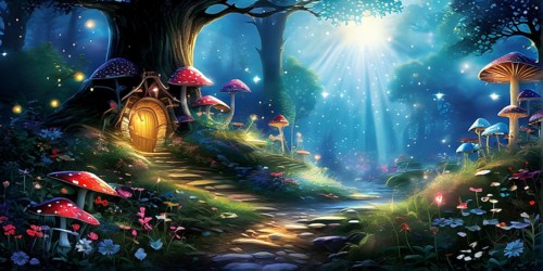 AI generated enchanted forest illustration intertwining trees aglow with magical light