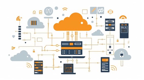 Flat design infographic of cloud computing with various technology icons and devices, AI generated