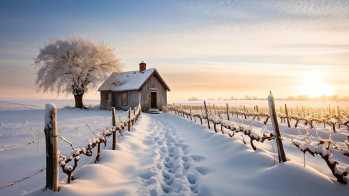 Rustic vineyard cottage in a winter vineyard landscape with snow, AI generated