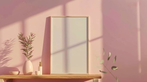 Empty frame on a table with a vase and plant against a pink wall, AI generated