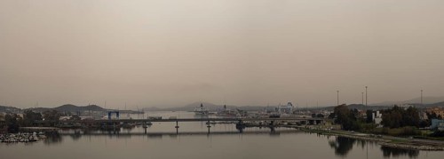 Sahara dust, harbour of Olbia, panoramic view, Olbia, Sardinia, Italy, Europe