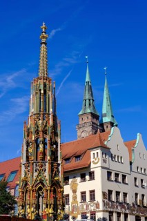 Beautiful fountain on the main market square, Old Town, Nuremberg, Middle Franconia, Franconia,