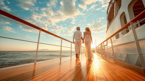 Happy senior couple taking a relaxing stroll on the deck of their luxury cruise ship. generative