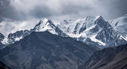 Glaciated and snow-covered mountain peaks, Tian Shan, Sky Mountains, Engilchek Valley, Kyrgyzstan,