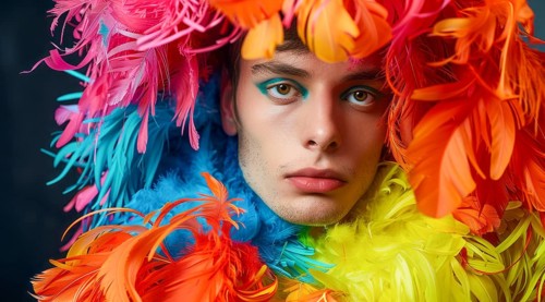 A transgender LGBTQ man wearing a colorful feathery costume with blue, yellow, and red feathers, AI