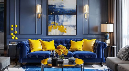 A blue couch with yellow pillows sits in front of a yellow wall. Modern luxury interior design, AI