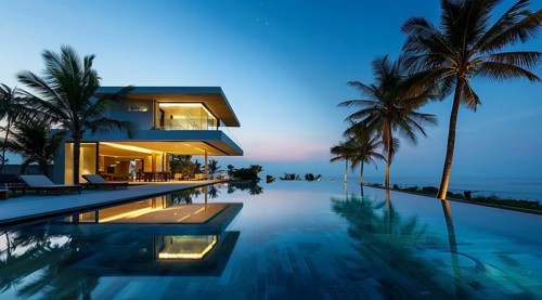 Exterior of private house luxury villa. Modern architecture real estate with swimming pool, AI