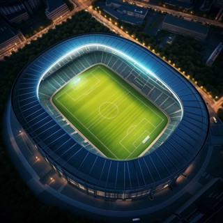 Aerial bird eye top view of a soccer football field stadium in night, AI generated