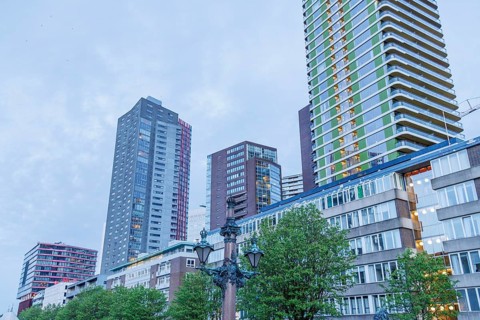 City view with modern skyscrapers, a lamp post in the foreground and trees in a cloudy sky, small