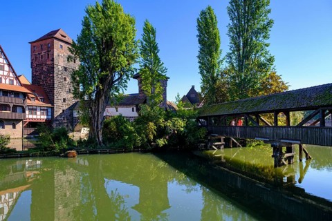Water tower and Henkersteg, an der Pegnitz, Nuremberg, Middle Franconia, Franconia, Bavaria,