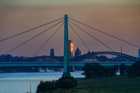 Severinsbruecke, a cable-stayed bridge over the Rhine, Cologne, North Rhine-Westphalia