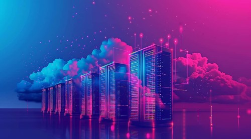 Cloud services concept and server farm supporting SAS cloud applications for enterprise clients, AI