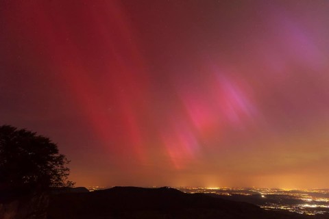 Northern lights in Germany. Very strong auroras over the Stuttgart metropolitan region. View from