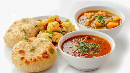 Traditional Indian dishes served with roti on a white background, AI generated