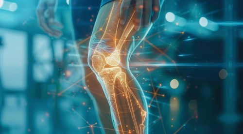Illustration of knee pain. Concept of arthritis and sports trauma injury, AI generated