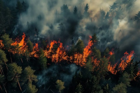 Aerial view of a forest fire is raging through a forest, with smoke and flames visible in the air.