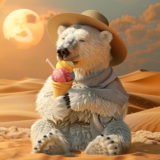 A polar bear sits in the desert at sunset, enjoying ice cream while wearing a hat and looking more