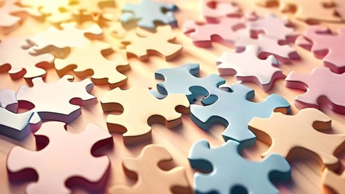Illustration of scattered puzzle pieces sprawled across as a wallpaper background, AI generated
