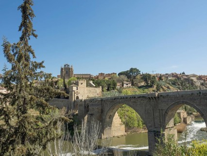 Historic stone bridge over a river with green trees and buildings in the background under a blue